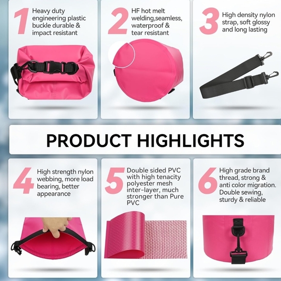 MARCHWAY Pink Waterproof Dry Bag Backpack - 10L - Picture 5 of 16